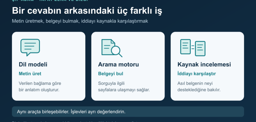 Dil modeli metin üretir, arama motoru belge bulur, kaynak incelemesi iddiayı asıl belgeyle karşılaştırır; aynı araçta birleşebilen üç işlev ayrı kartlarda gösteriliyor.